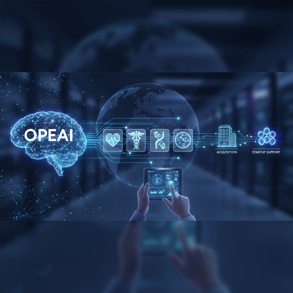 Digital illustration of a brain labeled "OPENAI" connected to medical icons, "ACQUISITION," and "STARTUP SUPPORT."