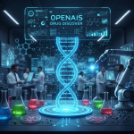An AI-powered drug discovery lab with a glowing DNA strand, scientists, and robotic arm.