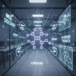 An AI-powered visualization of a drug molecule in a modern lab, representing drug discovery advancements.