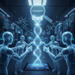 Four transparent figures labeled "OpenAI" and "OpenAIS" interact with a glowing DNA helix and a tablet.