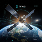 A detailed image of a satellite in orbit above Earth, with data streams and the SkyFi logo superimposed.