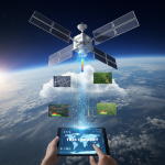 A SkyFi satellite orbiting Earth, collecting and transmitting data to a tablet.