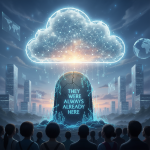 A glowing cloud computing network above a monolith that reads "They were always already here."