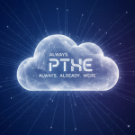 A glowing cloud icon with "PTHE," "ALWAYS," and "ALREADY, WERE" inside, set against a dark blue background with radiating lines.