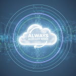 A glowing cloud icon with arrows circling it and the text "ALWAYS ALREADY WERE" in a futuristic circuit board setting.