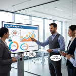 A sales team discusses growth strategies, coaching, and HUPO principles in a modern office.