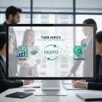 A computer monitor displays a diagram illustrating "HUPO" (Human Potential Unleashed by Purposeful Observation) with "Sales" and "Coaching."