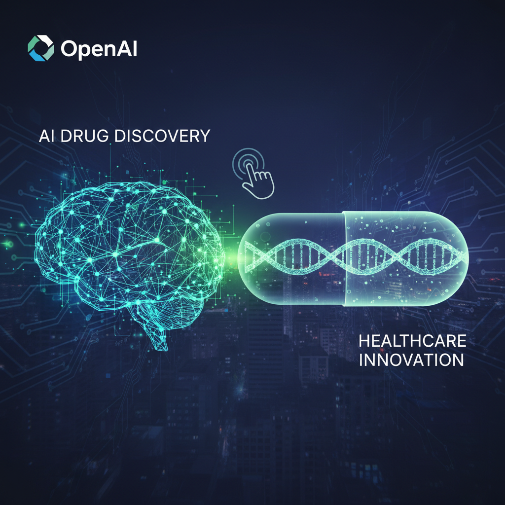 An AI brain connecting with a DNA helix inside a capsule, symbolizing AI in healthcare and drug discovery.