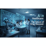 Four scientists in lab coats work with futuristic interfaces displaying molecular structures and data, illustrating AI in healthcare.