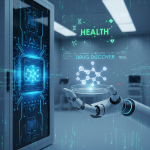 A robotic hand holds a petri dish with a holographic molecule, illustrating AI's role in drug discovery.