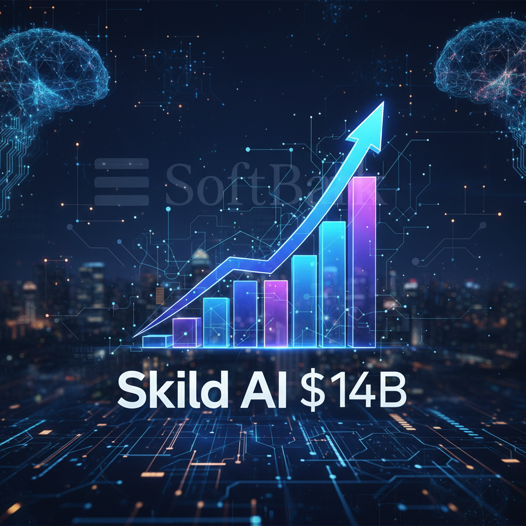 A digital infographic showing a bar graph with an upward trend, representing Skild AI's valuation reaching $14B.
