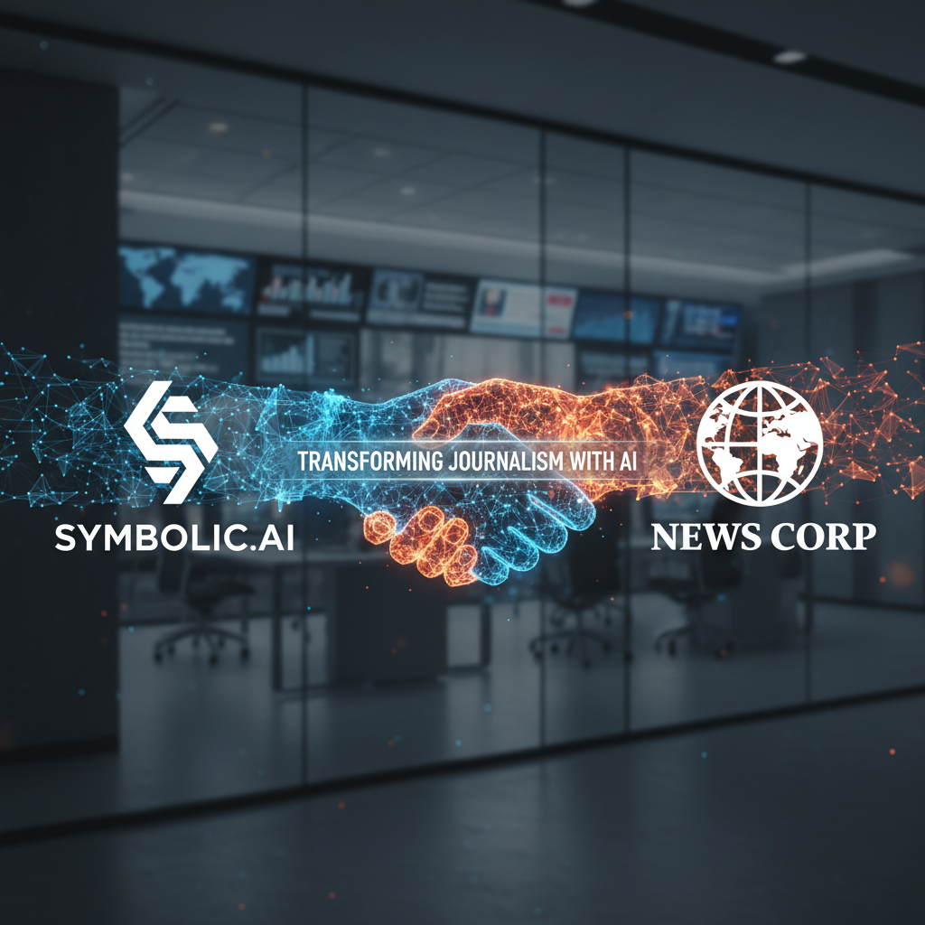 ** Digital handshake representing partnership between Symbolic.ai and News Corp, overlaying a modern newsroom.