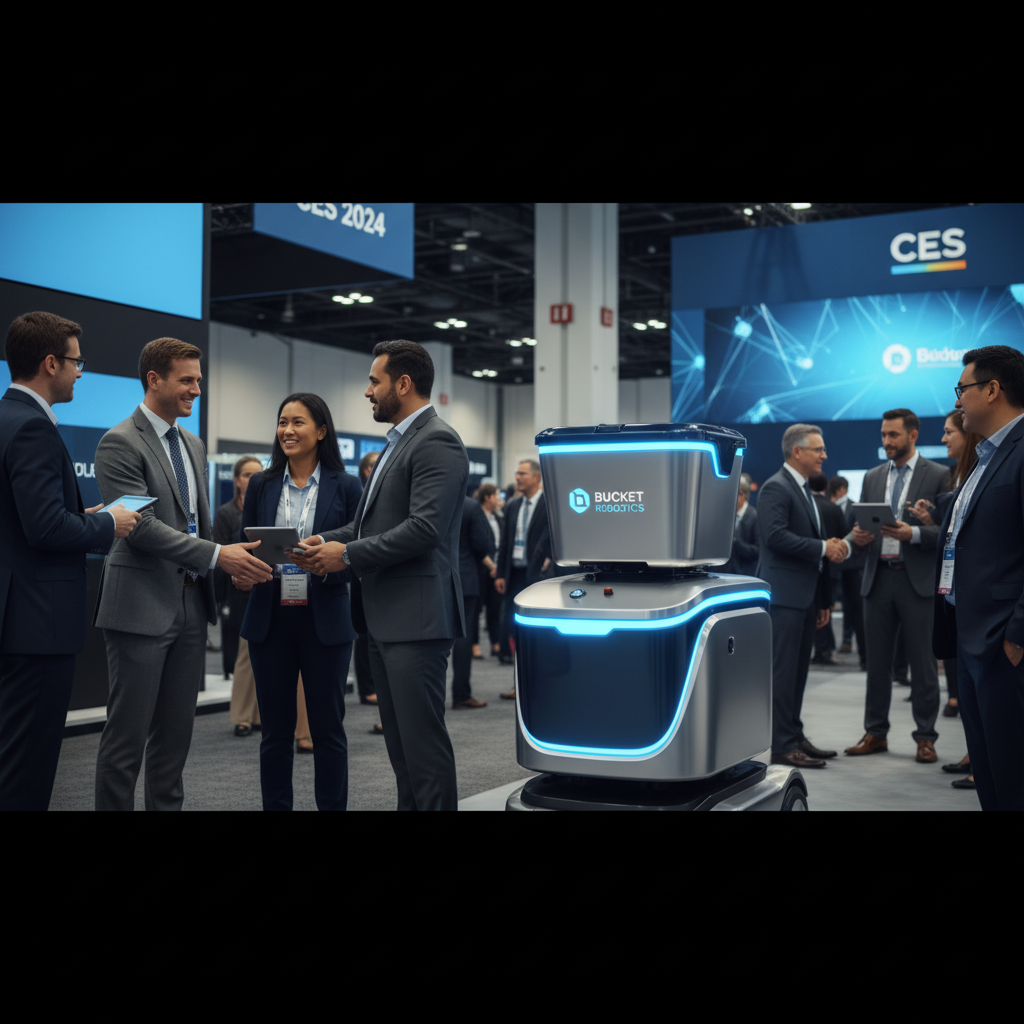 A professional image showing a sleek, modern robot from Bucket Robotics at CES with business people networking.