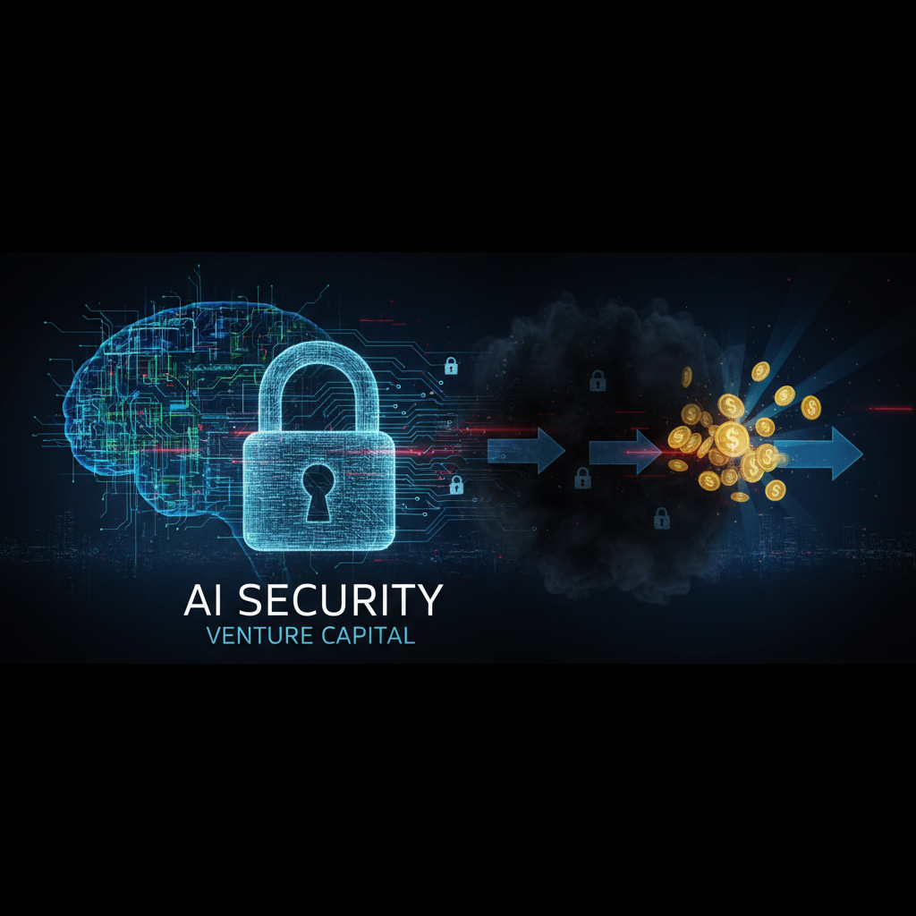 Digital brain with circuit patterns, a large padlock, arrows, smoke, and gold coins symbolizing AI security and venture capital.