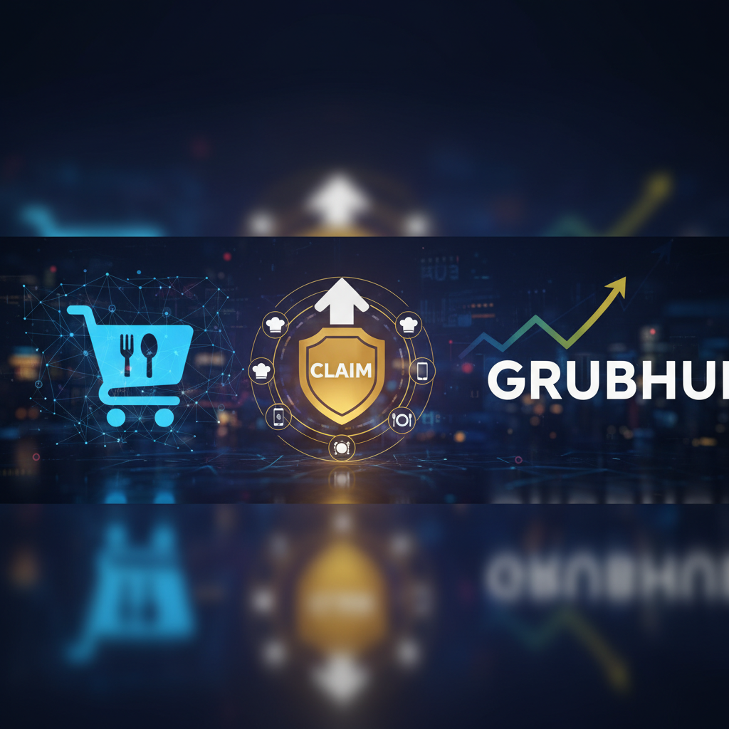 Digital concept image illustrating Grubhub's acquisition strategy for restaurant loyalty with a shopping cart and shield.