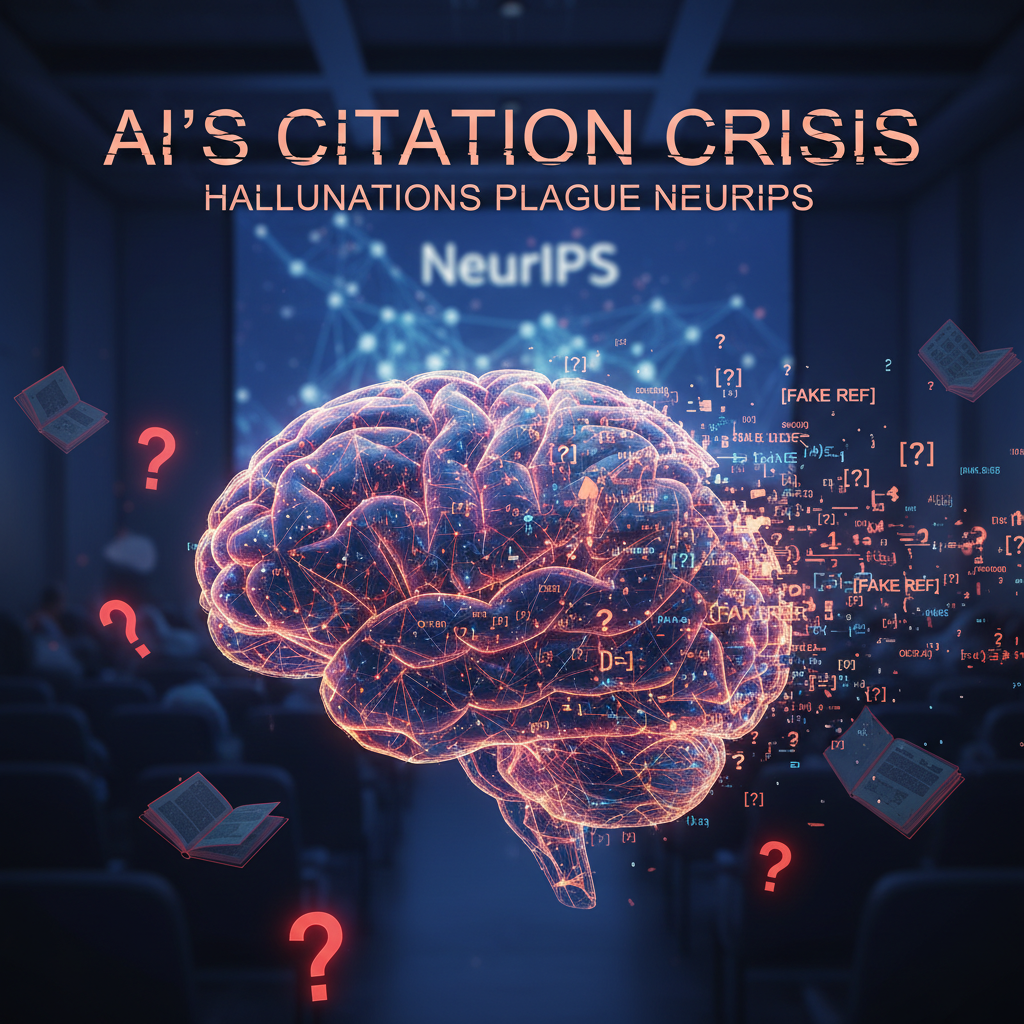 An abstract depiction of an AI brain with fragmented data and question marks, symbolizing citation errors.