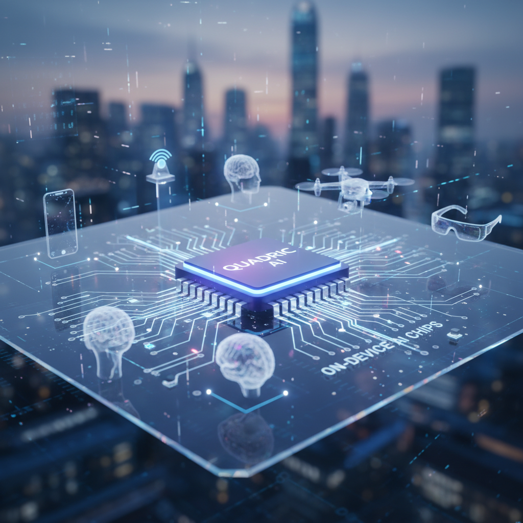 A central Quadric AI chip on a transparent circuit board, surrounded by floating AI-powered devices like smartphones, drones, and smart glasses, set against a blurred futuristic city skyline.