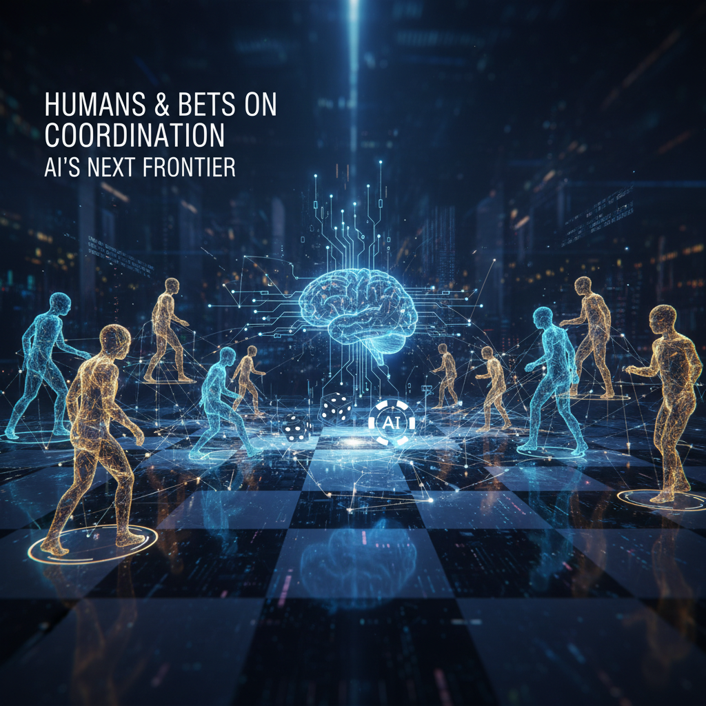 Digital chessboard with human-like figures and an illuminated brain representing AI and coordination.