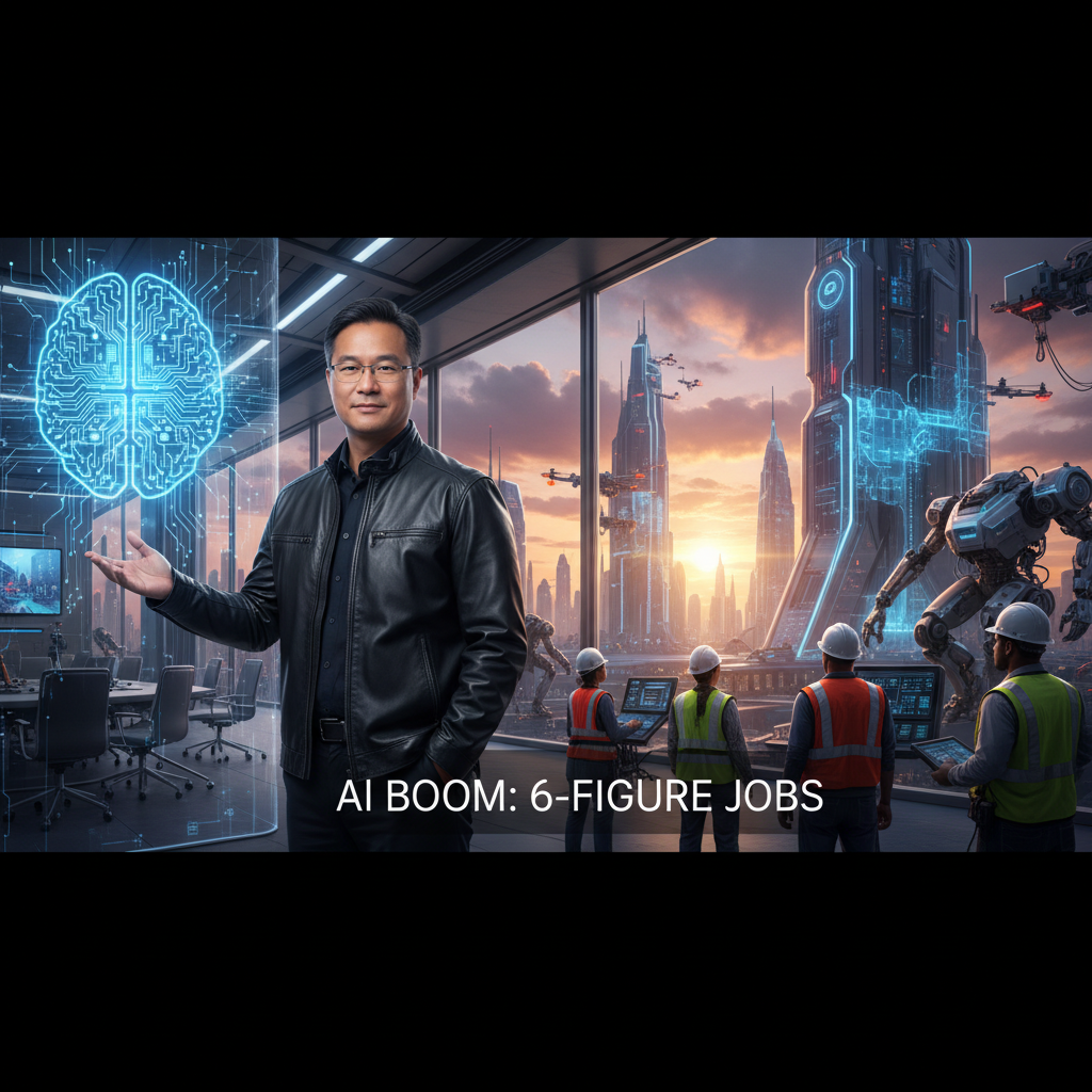 A professional image of NVIDIA CEO Jensen Huang, with construction workers and a futuristic city.