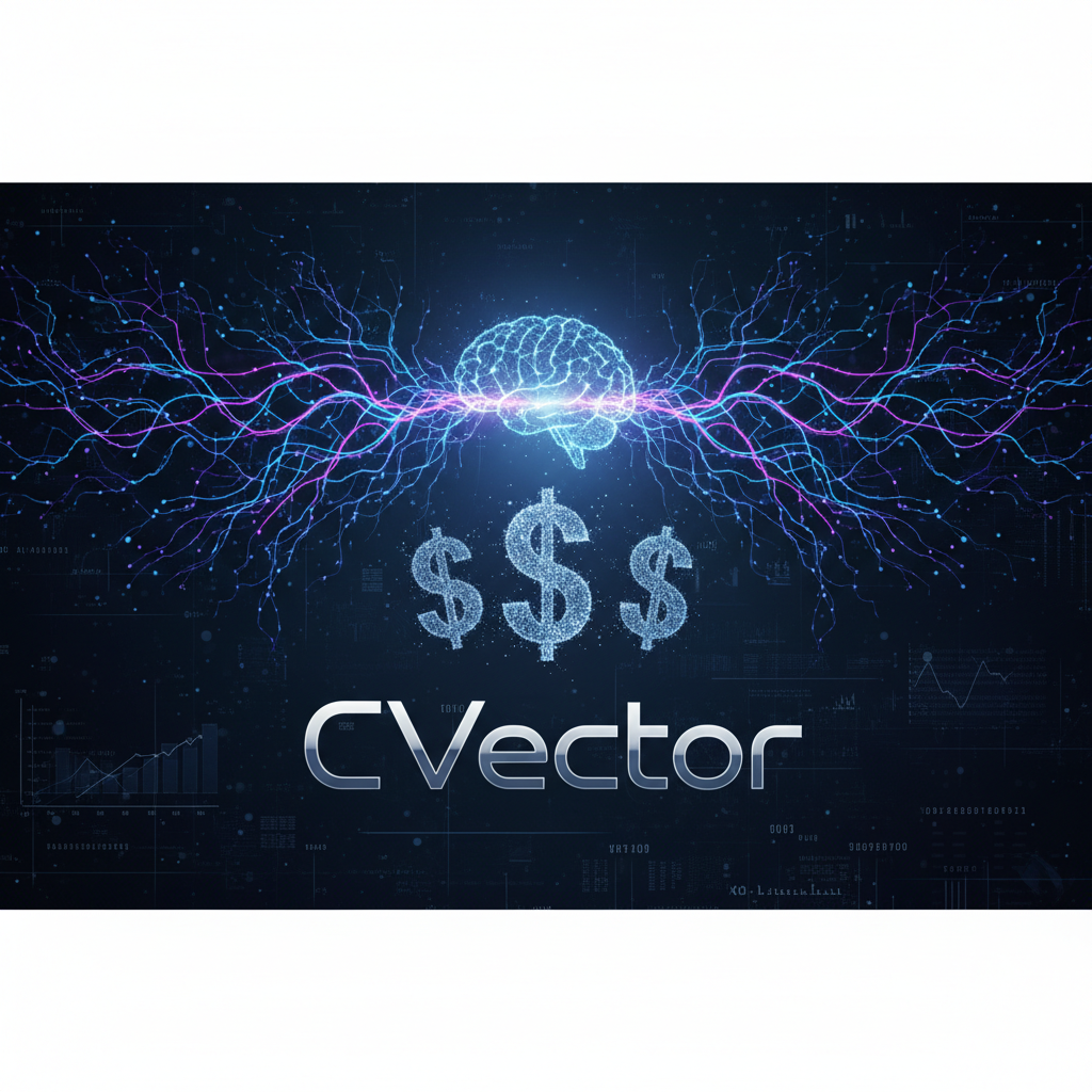 A digital brain with neural networks, dollar signs, and "CVector" text, representing AI investment.