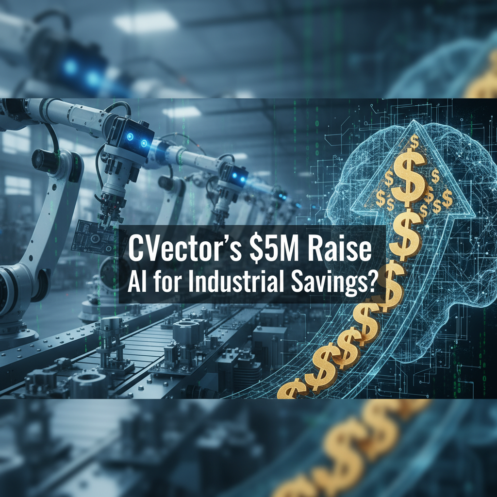 Robotic arms in a factory setting with a glowing AI brain and dollar signs forming an upward arrow.