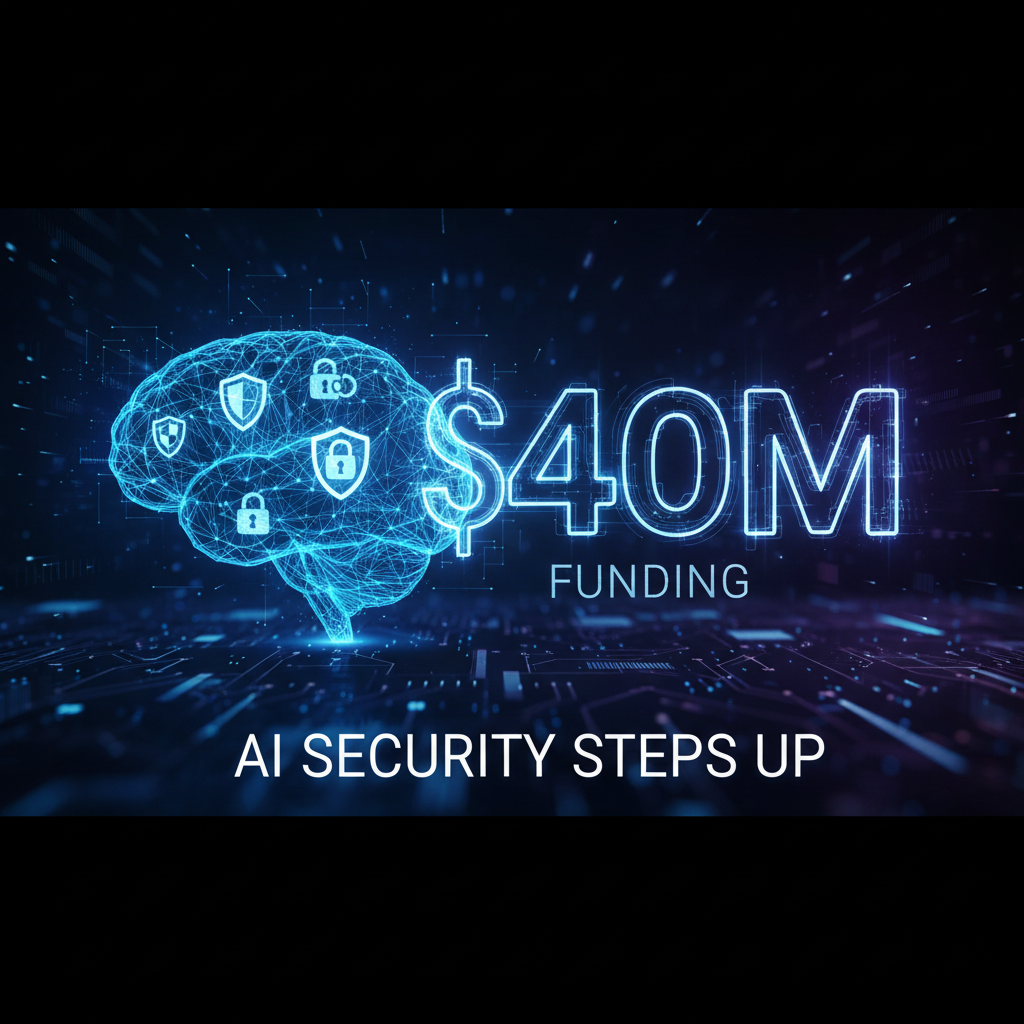 A digital brain glowing blue, overlaid with security shield and padlock icons, next to glowing "$40M FUNDING" text, and "AI SECURITY STEPS UP" text.