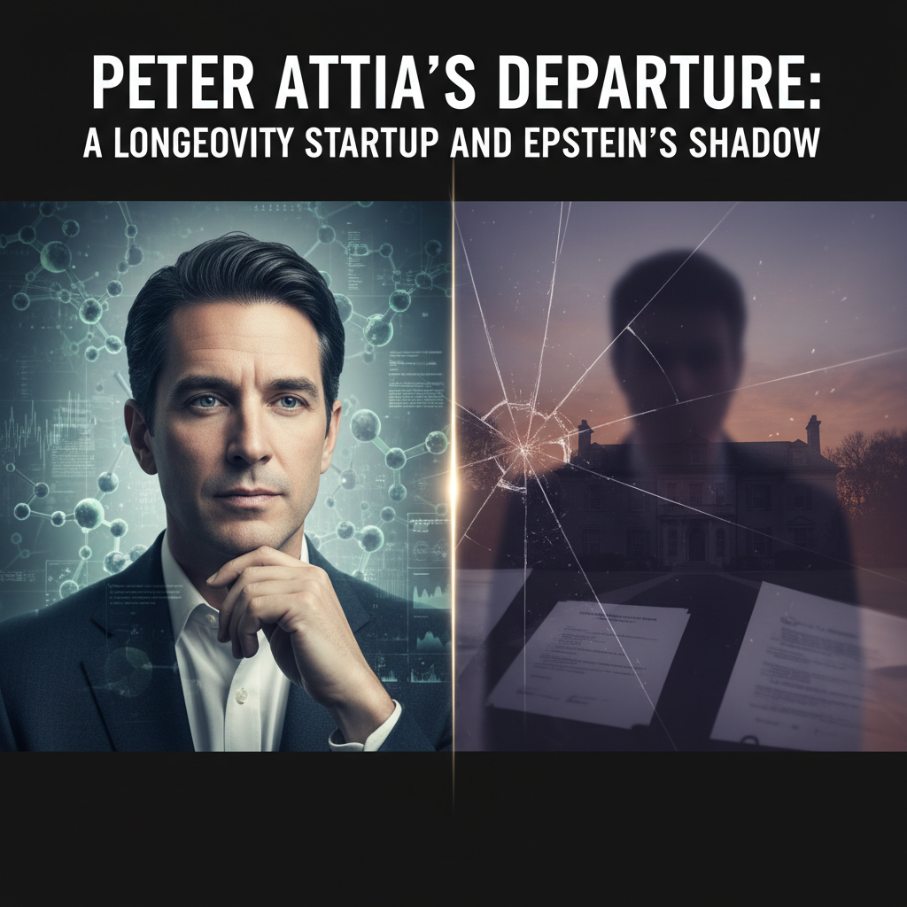 A split image showing Peter Attia on one side and a shattered glass effect over a mansion and documents on the other.