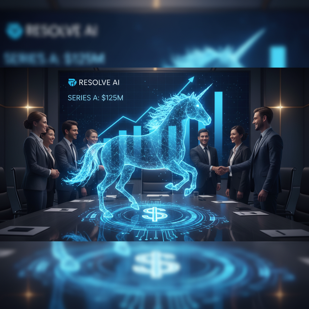 A group of professionals in a boardroom with a holographic unicorn, dollar sign, and growth charts projected on the table and screen.