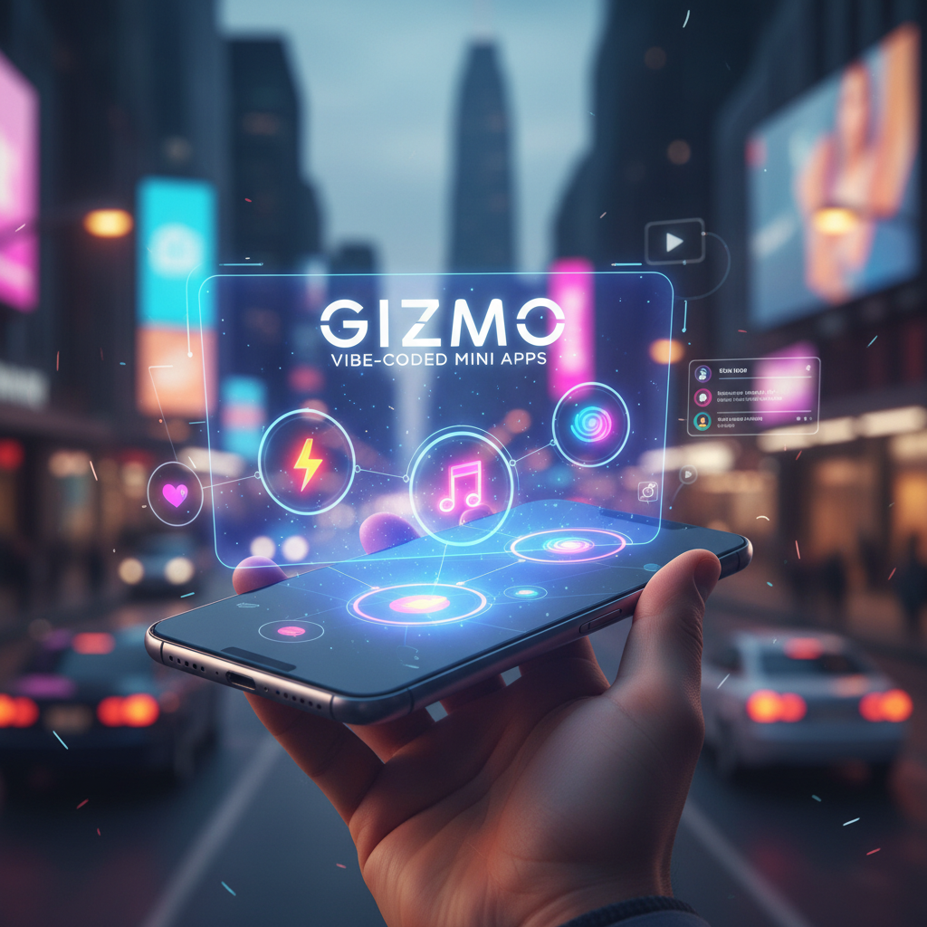 A hand holds a smartphone displaying a holographic interface for "Gizmo: Vibe-Coded Mini Apps" with neon icons.