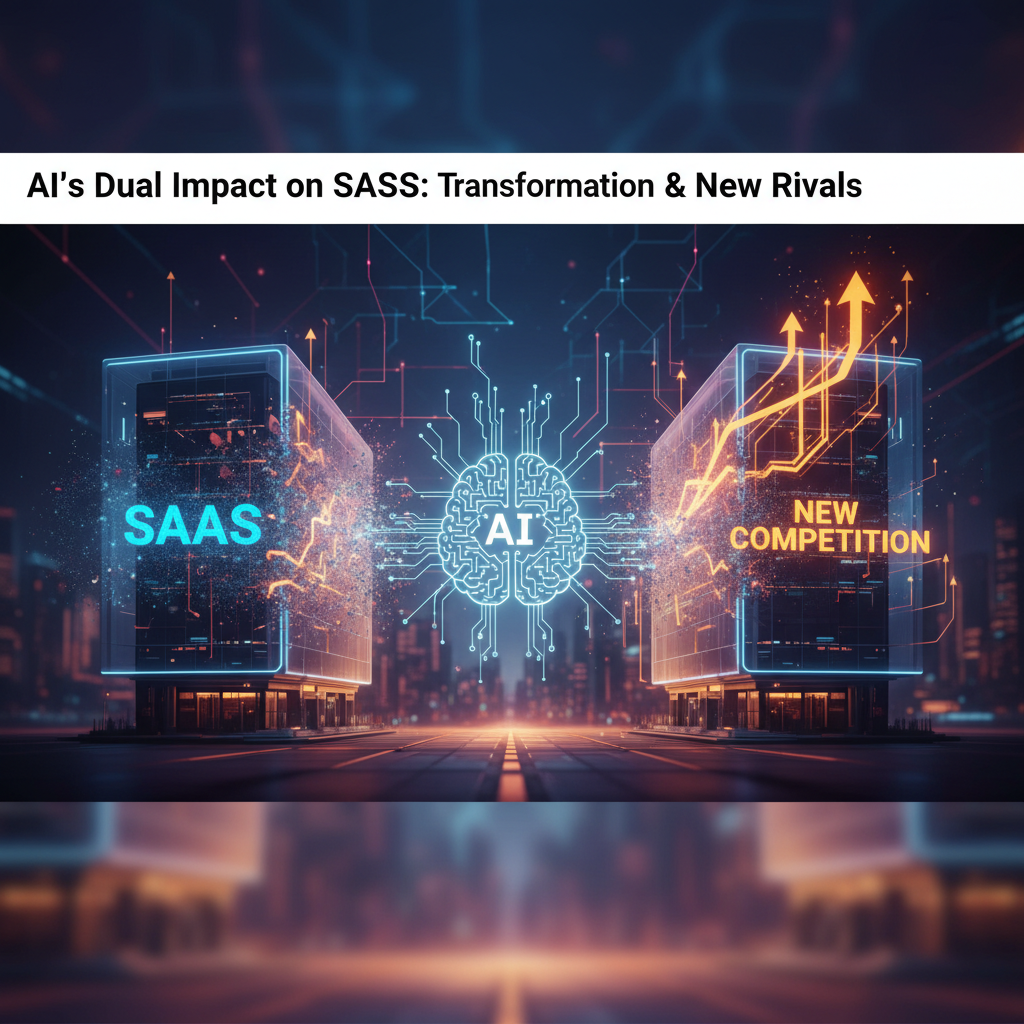 Two glowing city buildings, labeled "SAAS" and "NEW COMPETITION", connected by a central AI brain.