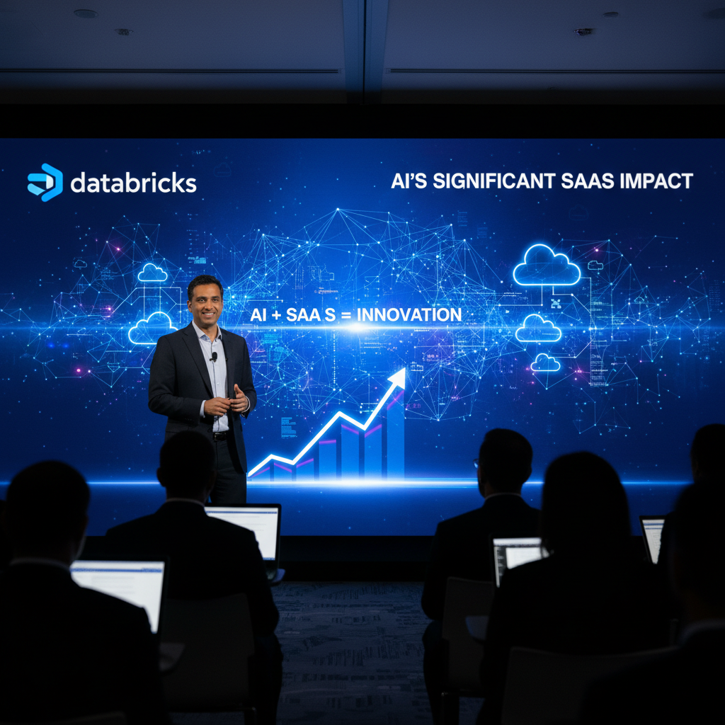 A professional image of a CEO presenting about AI and SaaS impact to an audience at a tech conference.