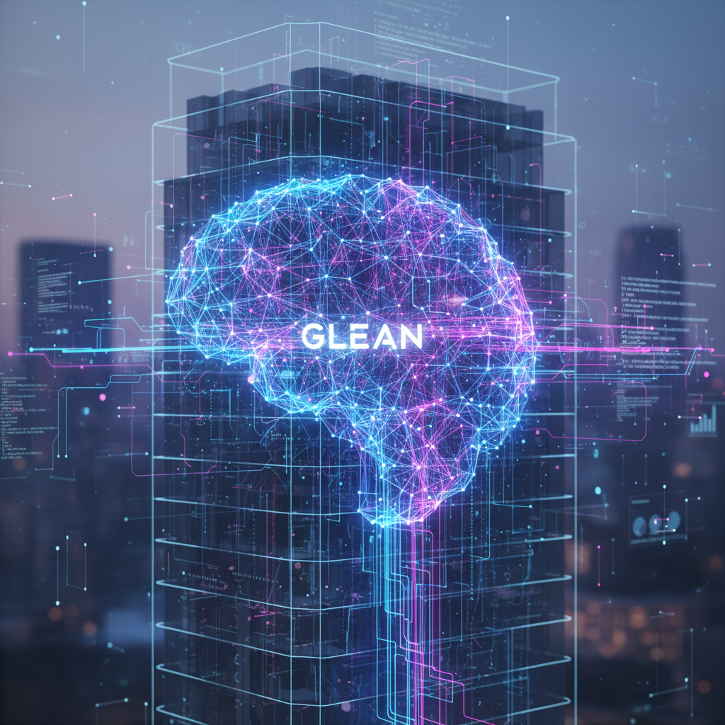 A professional, abstract image with glowing blue and purple interconnected lines and nodes forming a network or brain-like structure within a subtle corporate building outline.