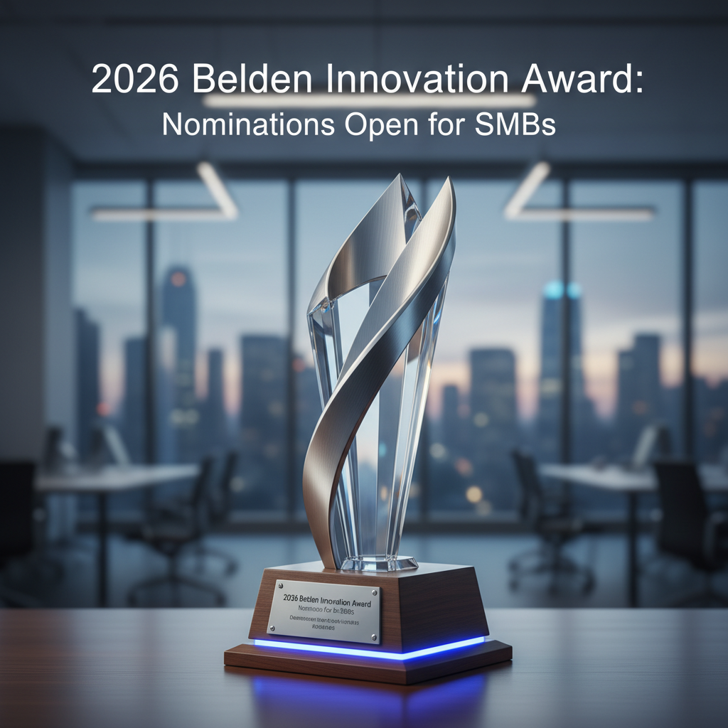 A modern, sleek award trophy with a metallic and clear design, sitting on a wooden base with glowing blue light.