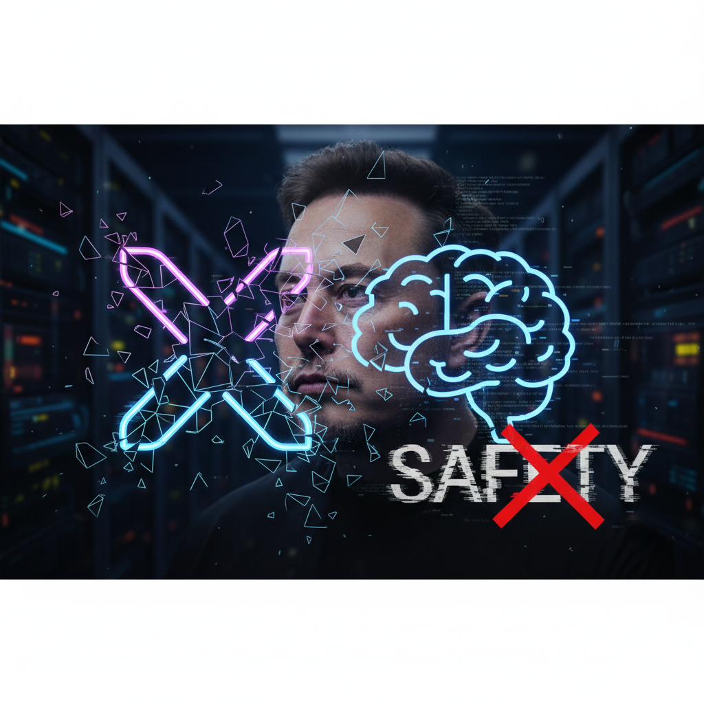 A man resembling Elon Musk with neon glowing outlines of a brain and a crossed-out "SAFETY" overlay.