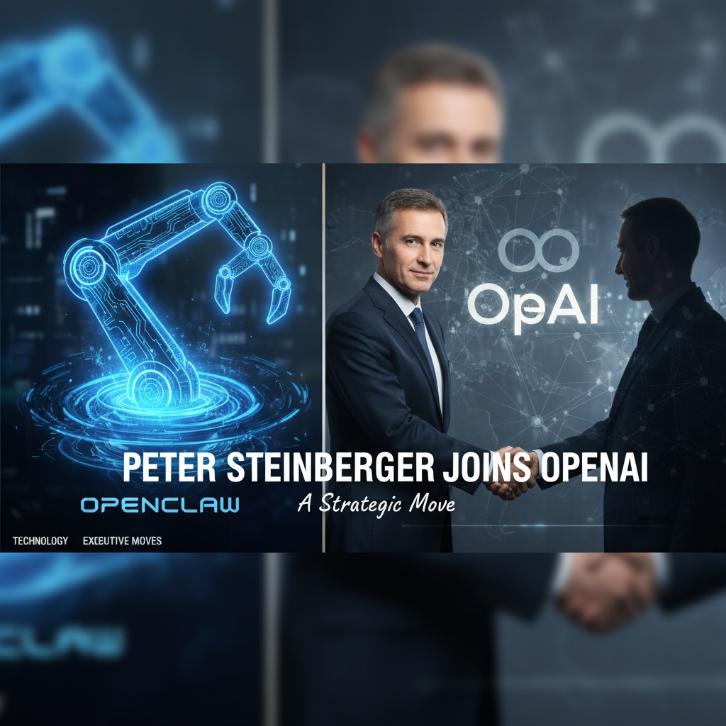 A professional image with Peter Steinberger shaking hands, overlaid with "PETER STEINBERGER JOINS OPENAI" and "OPENCLAW".