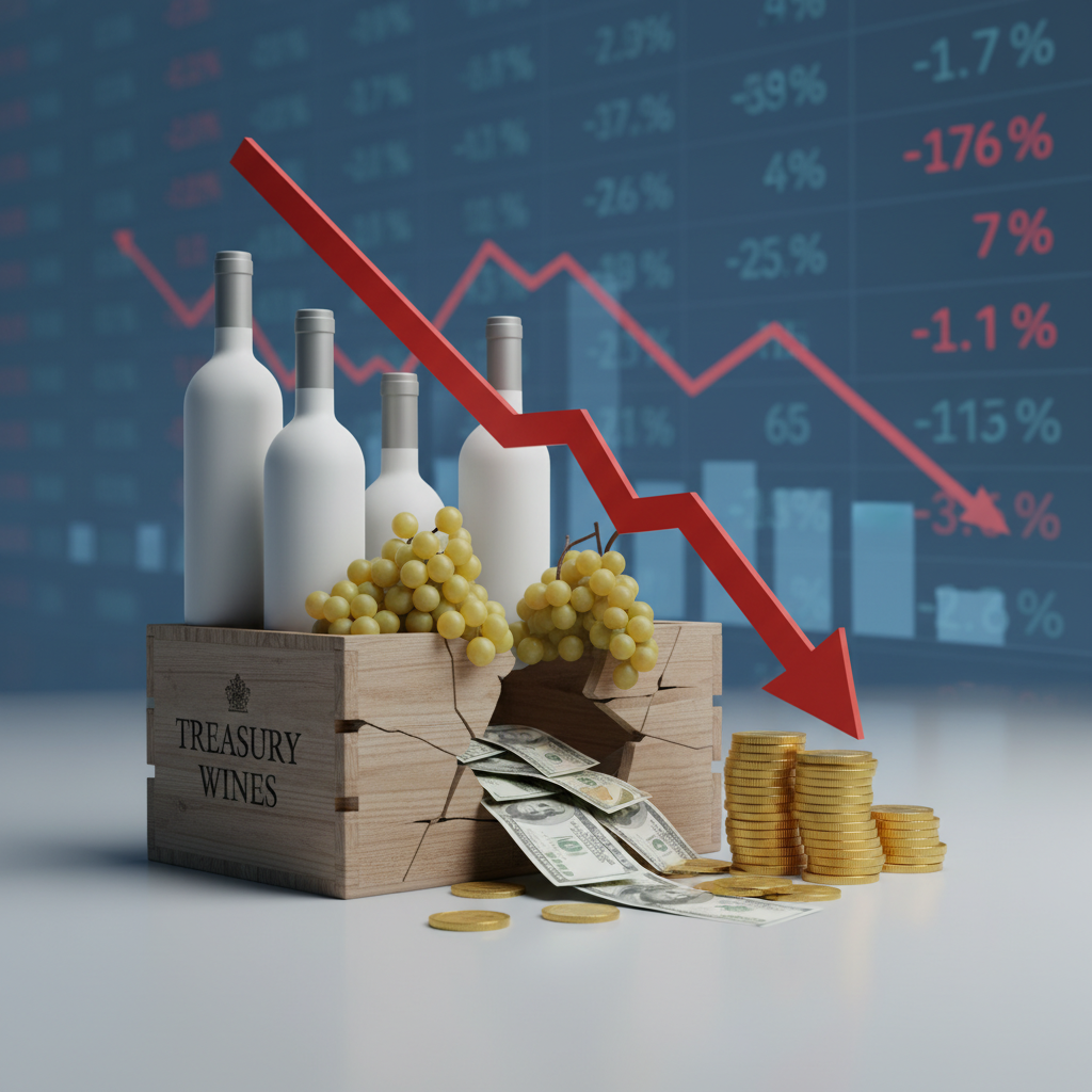 A wooden crate labeled "Treasury Wines" with wine bottles and grapes, cracking open to spill money, overlaid with a downward trend graph.