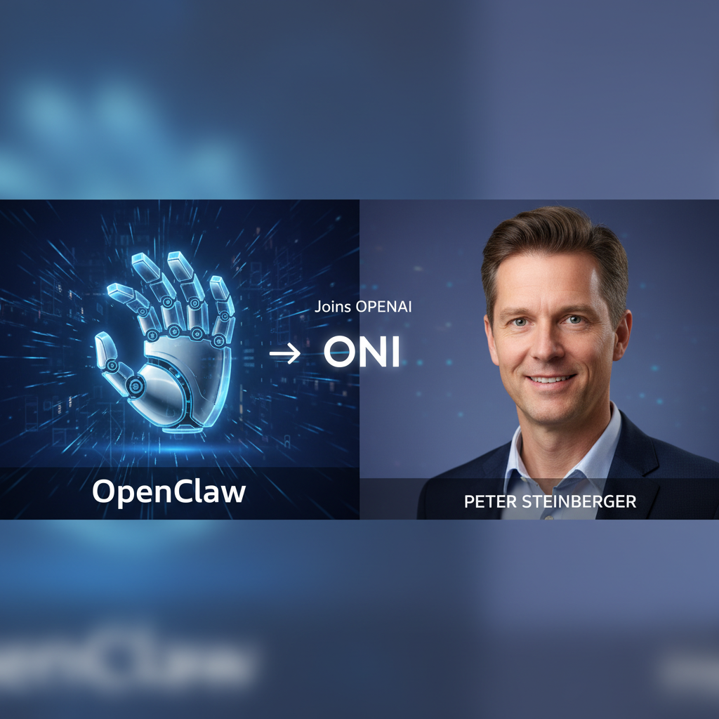 A split image showing a futuristic robotic hand (OpenClaw) and a portrait of Peter Steinberger, with text indicating his move to OpenAI.