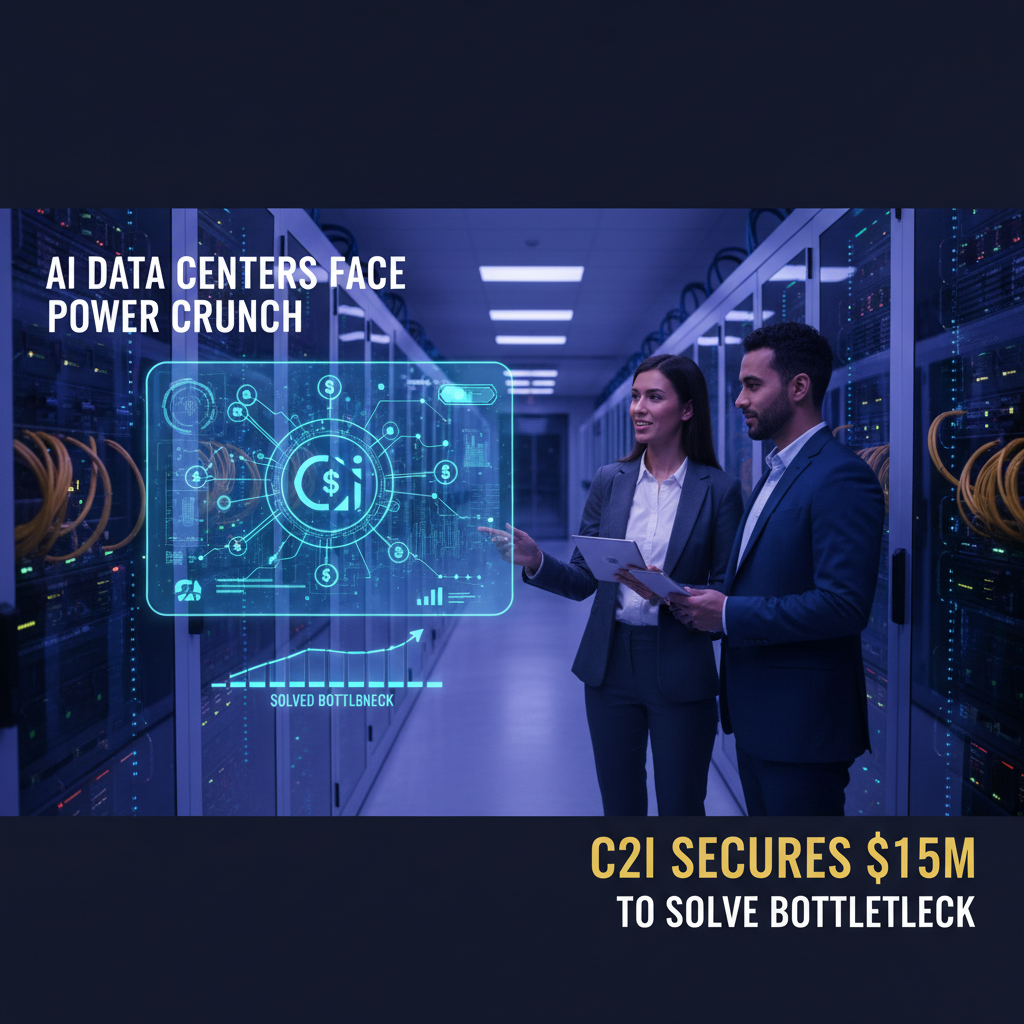 Two professionals discussing data center efficiency with a holographic interface showing C2i's solution