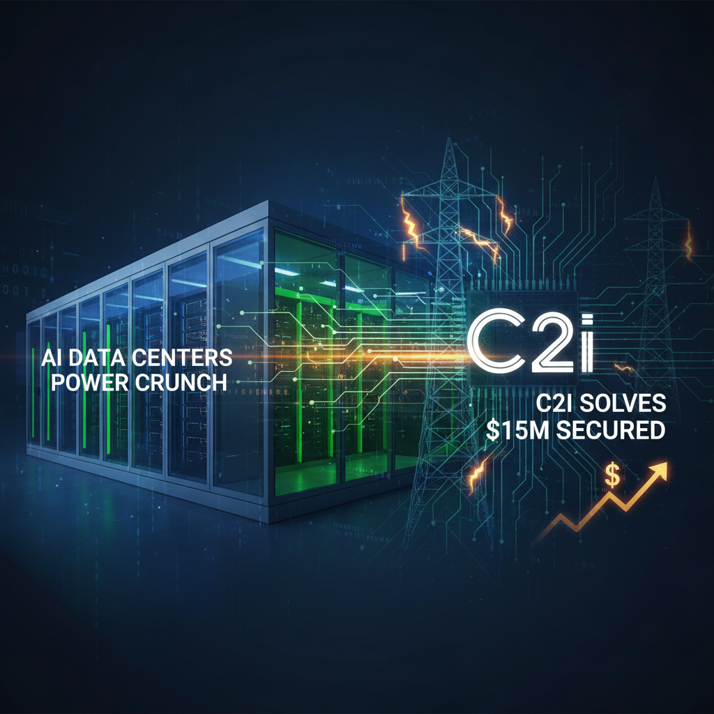 An AI data center with power lines and an arrow showing growth, representing C2i's solution to the power crunch.
