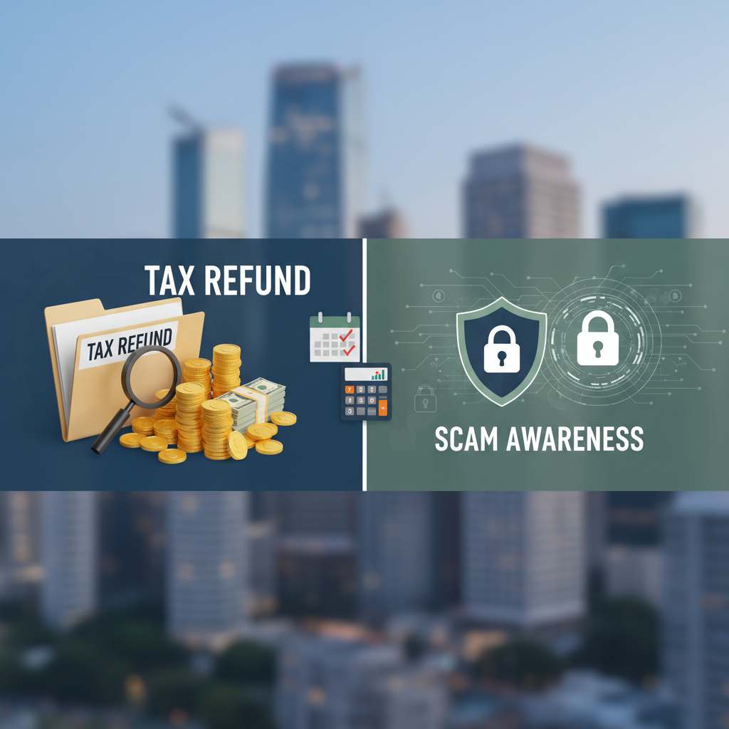 A split image showing tax refunds and financial tools on one side, and a shield with a padlock for scam awareness on the other.