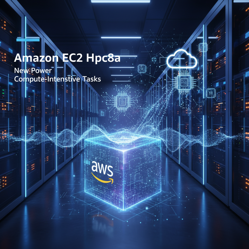 A glowing AWS cube in a data center, with data flowing to server racks and a cloud icon, symbolizing high-performance computing.