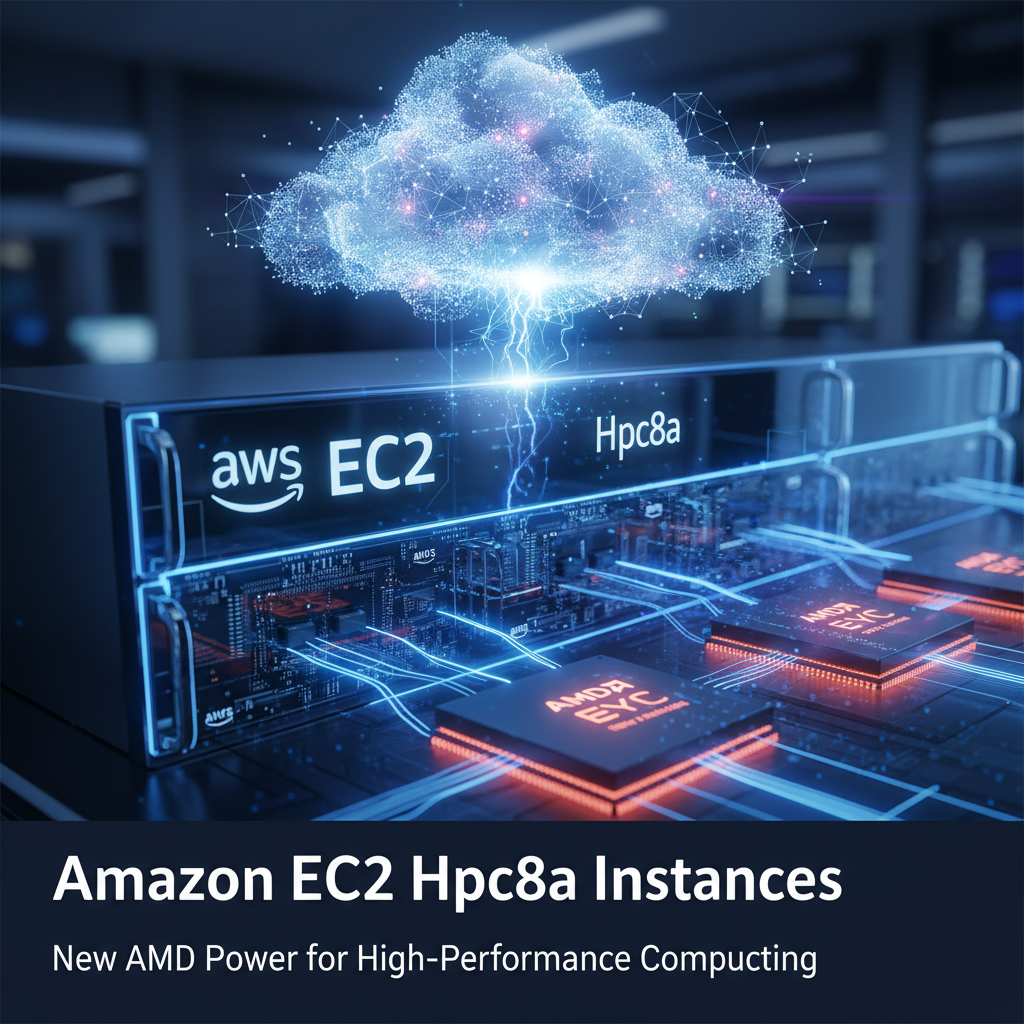 A dynamic image showcasing AWS EC2 Hpc8a instances with AMD EPYC processors, radiating power and connectivity to a cloud.