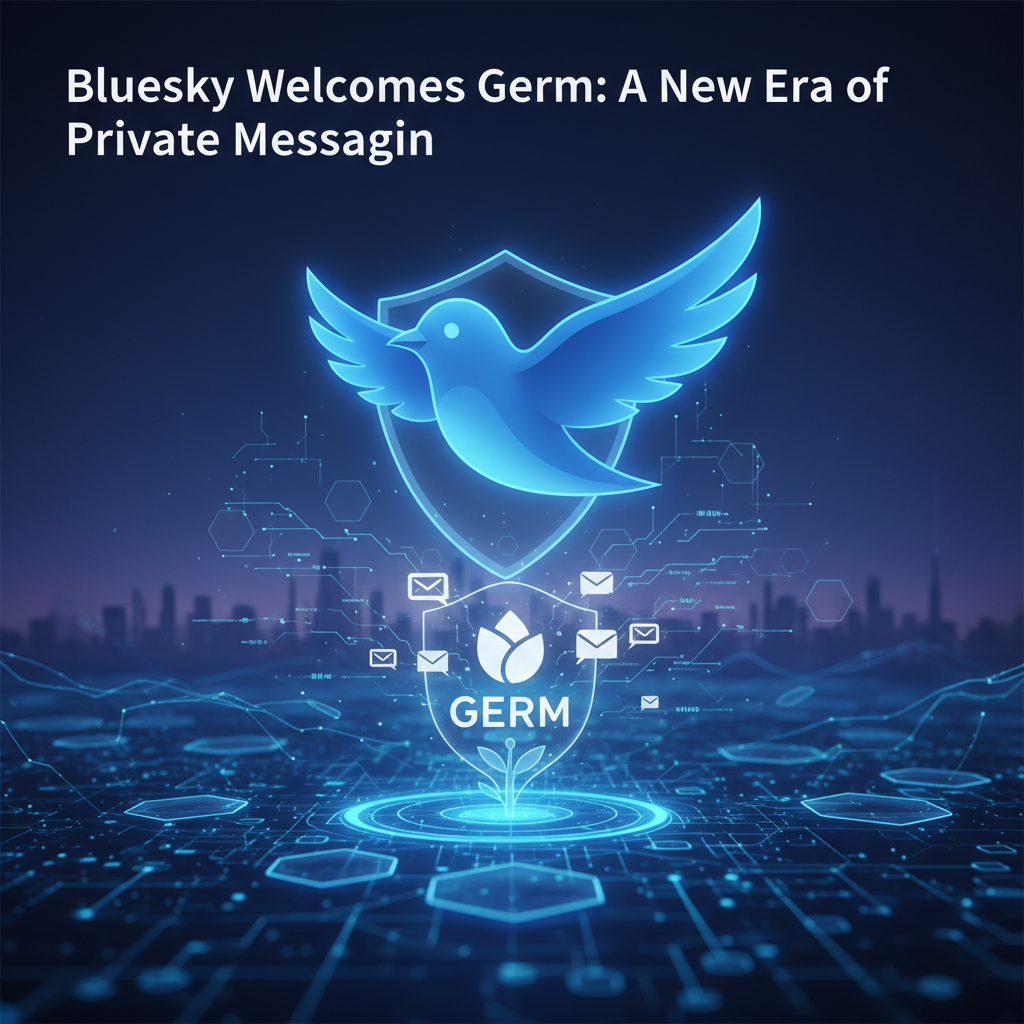 A blue bird logo (Bluesky) shields a glowing plant-like icon with "GERM" (Germ) in a digital circuit board landscape.