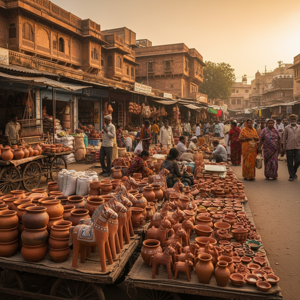 A bustling market street in India, showcasing various terracotta pottery and crafts for sale under a warm sky.