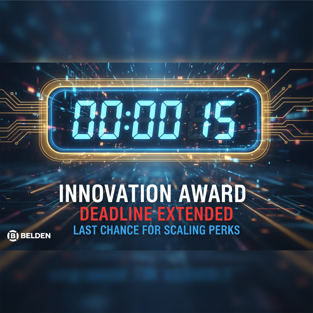 Digital countdown timer with "Innovation Award Deadline Extended" text and "Belden" logo on a circuit board background.