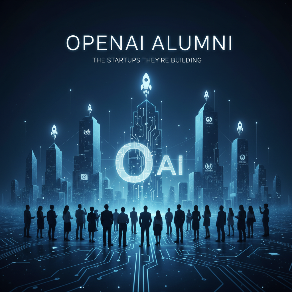A professional, tech-inspired image featuring the "OpenAI Alumni" title, with glowing circuits, a cityscape, and silhouettes of professionals.