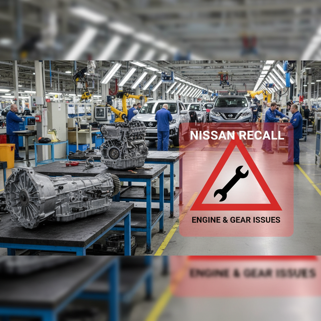 An image of a car manufacturing plant with an overlay warning about engine and gear issues.