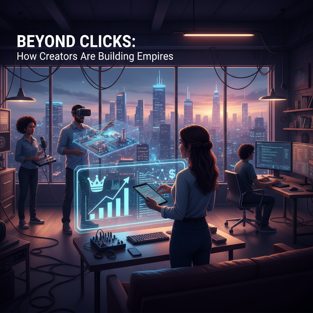 Four diverse creators in a modern office overlooking a city at dusk, interacting with advanced digital interfaces and tech.