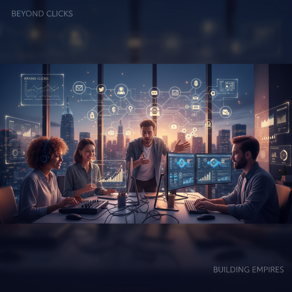 Four diverse professionals collaborate in a modern office overlooking a city skyline at sunset, surrounded by digital marketing icons.