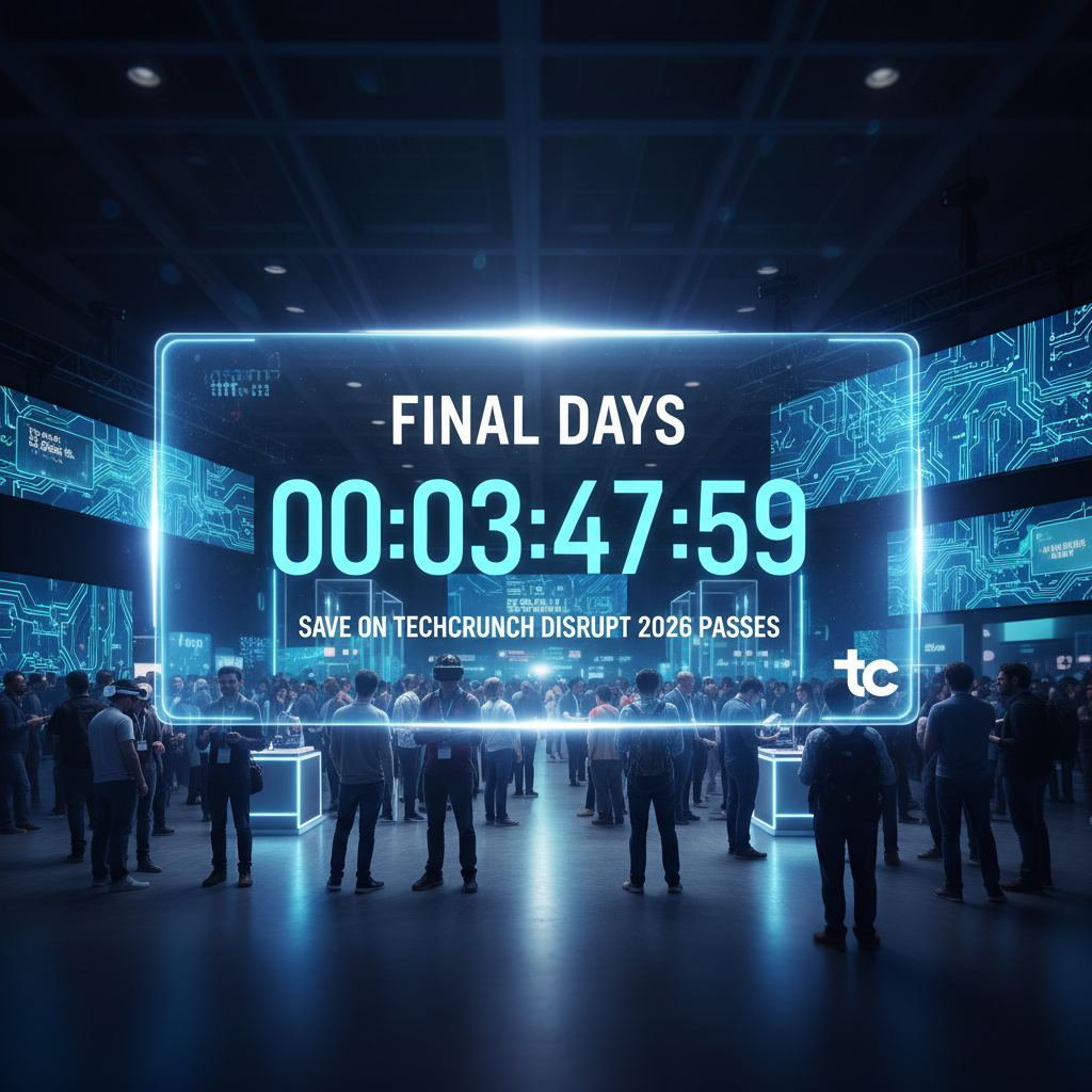 A countdown timer for TechCrunch Disrupt 2026 passes, with "FINAL DAYS" displayed, set against a futuristic tech event.